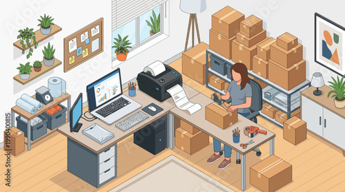 Isometric illustration of a female entrepreneur packing cardboard boxes for shipping in a modern home office workspace.