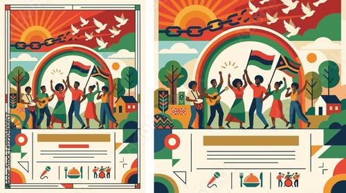 Vibrant Juneteenth Freedom Day Celebration Poster Featuring African American People Dancing Playing Music and Symbolic Broken Chains