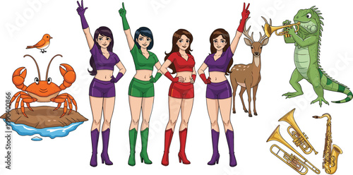 Cartoon Crab with Bird, Stylish Girls in Colorful Outfits, Deer, Iguana Playing Trumpet and Brass Instruments Vector Illustration Set