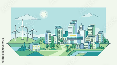 Sustainable eco friendly city landscape with wind turbines solar panels and green spaces in a minimalist flat vector illustration style
