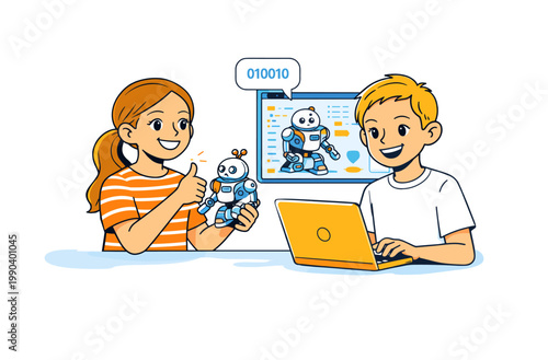 Children learning robotics with a laptop. Cute educational illustration isolated on white. Two kids working together at a computer with a robot interface on the screen and engineering elements.
