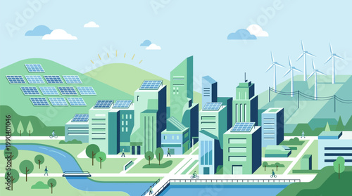 Sustainable Eco Friendly City with Renewable Green Energy Sources Like Solar Panels and Wind Turbines in Minimalist Flat Design Illustration