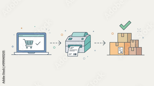 Minimalist flat vector illustration of an e-commerce order fulfillment process from online purchase to shipping delivery.