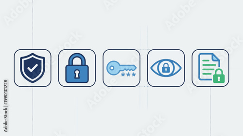Set of modern flat icons for cybersecurity, data protection, digital privacy, and information security management systems.