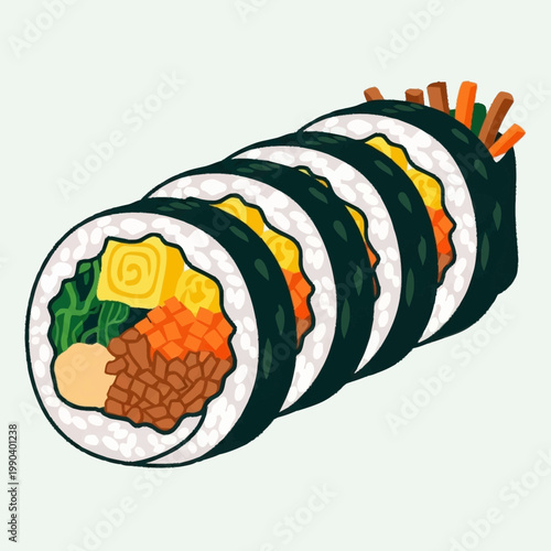Close-up view of freshly prepared Korean Gimbap rolls, sliced and ready to eat, showcasing various colorful ingredients.