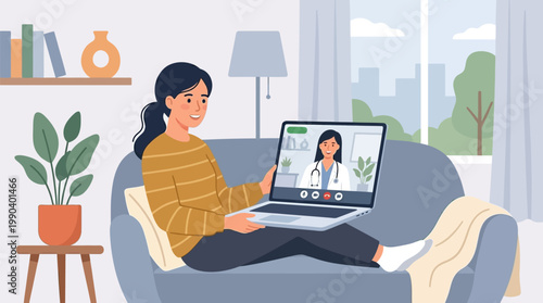 Young woman sitting on a sofa at home having a video call consultation with a female doctor on her laptop for telemedicine services