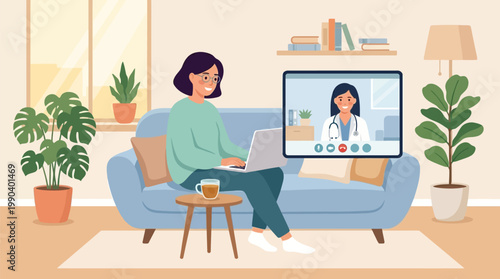 Modern flat vector illustration of a woman having a telemedicine video call with a doctor from her living room sofa