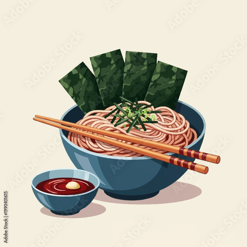 A vibrant illustration of a bowl of Japanese soba noodles with nori seaweed and chopsticks, accompanied by a small dish of dipping sauce.