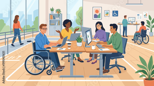 Diverse team of professionals working together in a modern inclusive office space featuring wheelchair accessibility and collaborative technology.