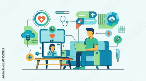 Telehealth Concept Illustration of a Patient Having a Virtual Medical Consultation with a Doctor via Laptop at Home