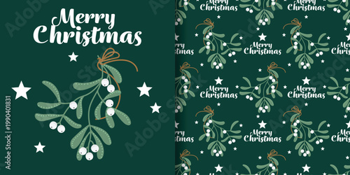 Christmas banner and mistletoe with stars seamless pattern on green background.