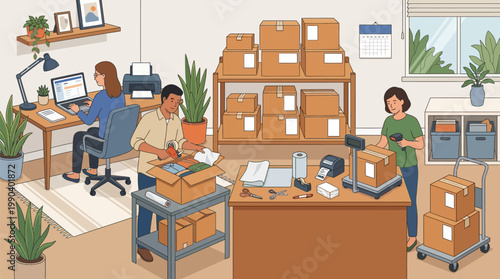 Diverse team of entrepreneurs working in a home office warehouse to manage e-commerce orders and shipping logistics