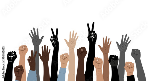 Diverse hands raised in solidarity together.