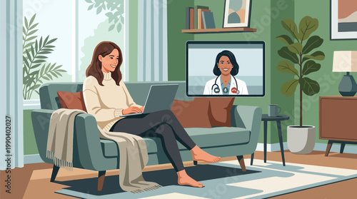 Young woman sitting on a sofa at home having a telemedicine video call consultation with a female doctor on her laptop