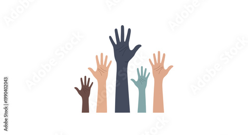 Diverse hands raised in solidarity together.