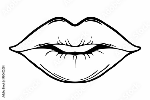 Black line art lips, female mouth illustration, minimalist design, beauty icon
