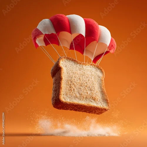 Fototapeta Slice of bread descending under a red and white parachute surrealism disguise