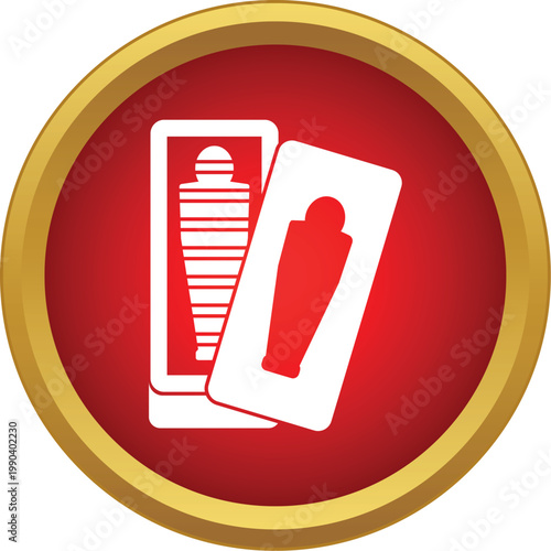 White mummies and sarcophagus representing history and ancient burial on a red button