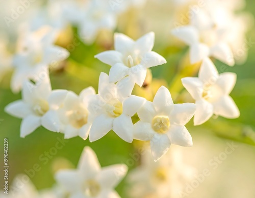 White Star Shaped Flowers Macro Photography In Soft Golden Sunlight With Green Bokeh Background Blooming In Spring Garden