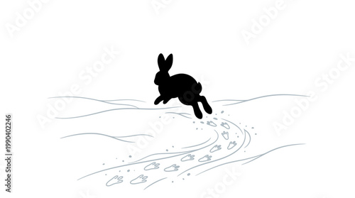 Energetic black rabbit leaping over snow, creating splashes and leaving footprints in bright studio background