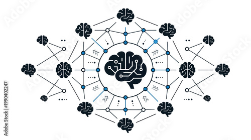 Artificial intelligence brain network connection, technology concept with central processor on isolated white background