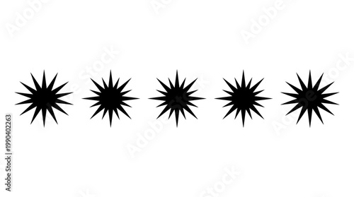 Five black spiky star shapes in a row, graphic elements on isolated white background