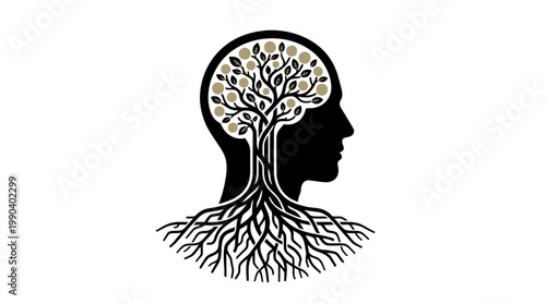 Human head silhouette with tree roots inside brain symbolizing deep thought and foundation on isolated white background