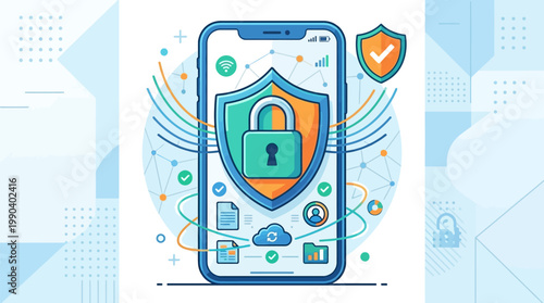 Secure smartphone illustration featuring a protective shield and padlock for mobile data privacy and cybersecurity