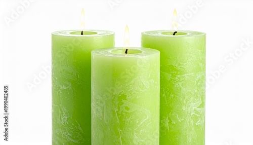Green Candles Lit Flames White Background Relaxation Decorative Visuals