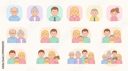 Set of flat family icons in soft pastel colors featuring diverse generations including grandparents parents and children in various group compositions.