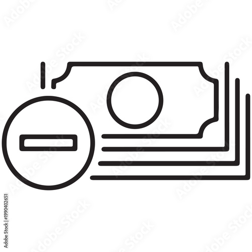 Minimalist line icon of a stack of banknotes with a minus sign representing financial loss or expense vector illustration for business and banking UI design