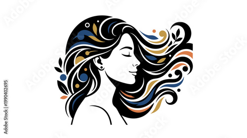 Dreamy woman profile with eyes closed, long dark hair intricately adorned with colorful swirling abstract patterns, isolated white background.