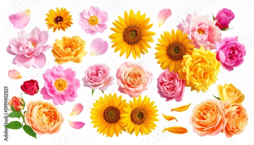 Colorful Flowers Roses Dahlias Sunflowers Daisies White Background Botanical Visuals