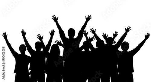 Group of people with raised hands.