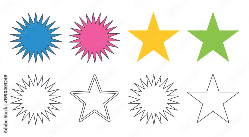 Fototapeta premium Colorful Star Icons Outline Shapes Various Sizes Decorative Design Sparkle Vector Illustration Design Isolated Background
