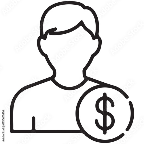 Minimalist line art icon of a person with a dollar sign symbol representing a financial investor, wealthy user, or employee salary concept