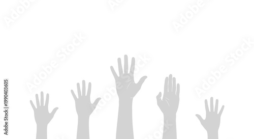 Many hands raised up together high.