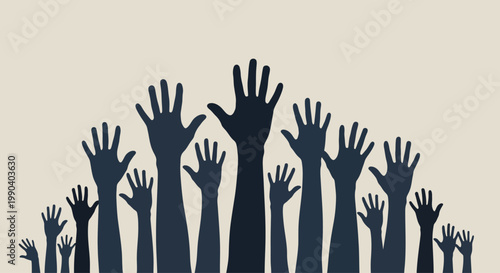 Many hands raised up together high.