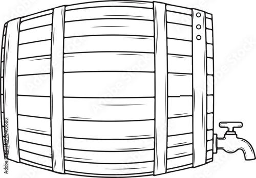 Wooden Barrel, Beer Keg, Tap, Vector Illustration, Line Art