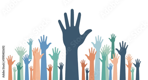 Many hands raised up together high.