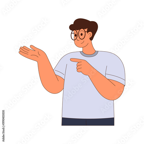 Young man pointing and presenting, flat vector illustration, friendly character explaining or showing concept