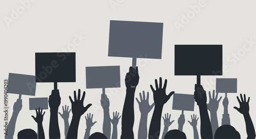 People holding blank protest signs high.