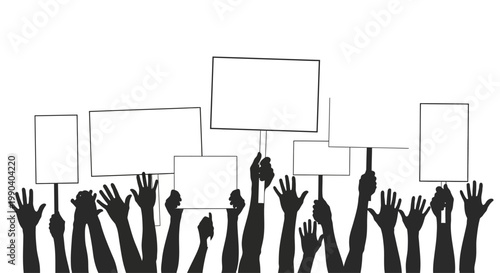 People holding protest signs and raising hands.