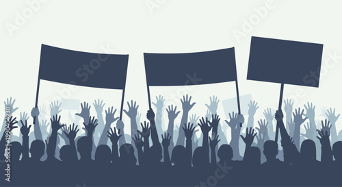 People holding protest signs and raising hands.