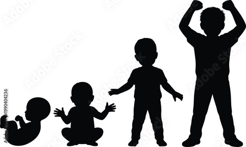 Child growth stages silhouettes, baby to young boy development progression, human lifecycle vector illustration isolated background