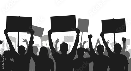 People holding protest signs in crowd.