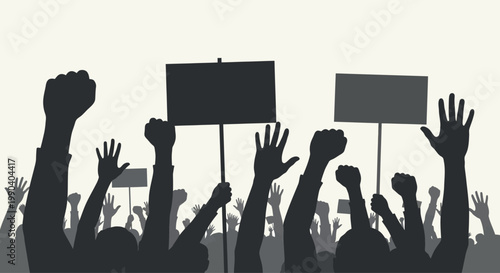 People protesting with raised hands signs.