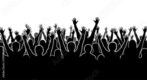 People raising hands in celebration crowd.