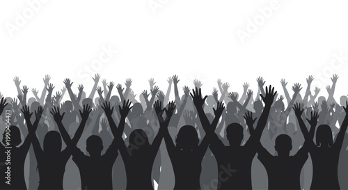 People raising hands in celebration crowd.