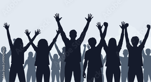 People raising hands in celebration together.